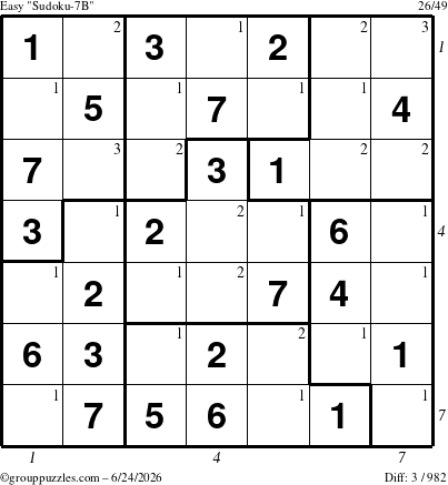The grouppuzzles.com Easy Sudoku-7B puzzle for Wednesday June 24, 2026, suitable for printing, with all 3 steps marked