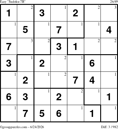 The grouppuzzles.com Easy Sudoku-7B puzzle for Wednesday June 24, 2026 with the first 3 steps marked