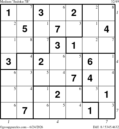 The grouppuzzles.com Medium Sudoku-7B puzzle for Wednesday June 24, 2026, suitable for printing, with all 8 steps marked