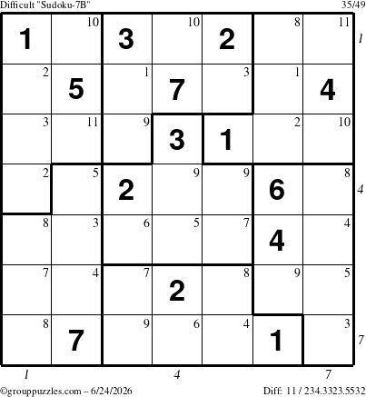 The grouppuzzles.com Difficult Sudoku-7B puzzle for Wednesday June 24, 2026, suitable for printing, with all 11 steps marked