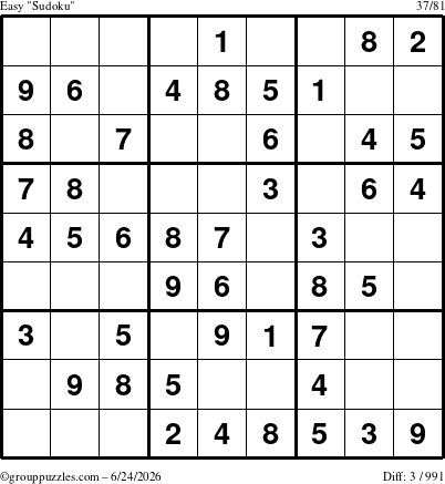 The grouppuzzles.com Easy Sudoku puzzle for Wednesday June 24, 2026