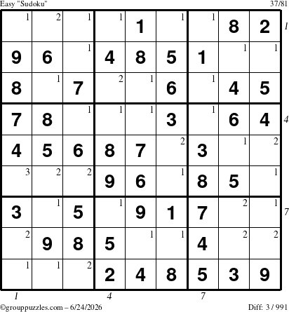 The grouppuzzles.com Easy Sudoku puzzle for Wednesday June 24, 2026, suitable for printing, with all 3 steps marked