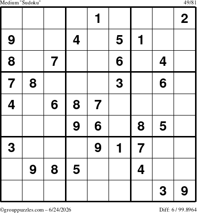 The grouppuzzles.com Medium Sudoku puzzle for Wednesday June 24, 2026