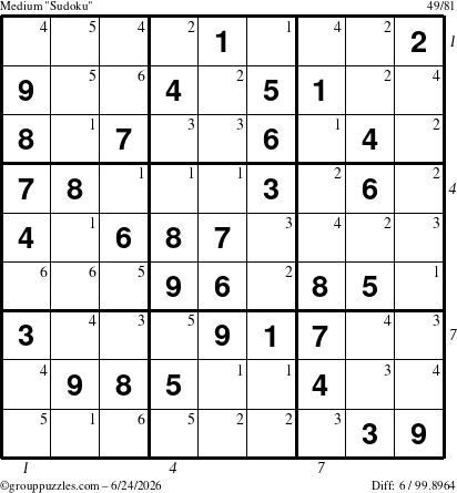 The grouppuzzles.com Medium Sudoku puzzle for Wednesday June 24, 2026 with all 6 steps marked