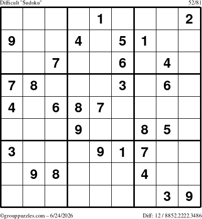 The grouppuzzles.com Difficult Sudoku puzzle for Wednesday June 24, 2026