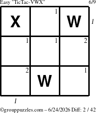 The grouppuzzles.com Easy TicTac-VWX puzzle for Wednesday June 24, 2026 with all 2 steps marked