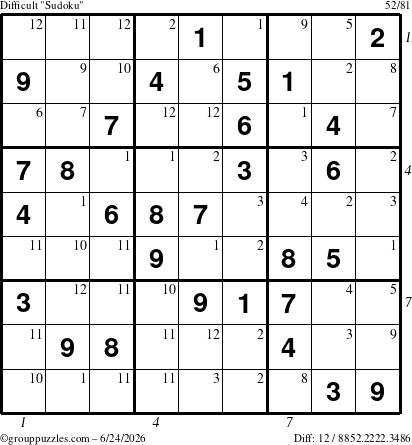 The grouppuzzles.com Difficult Sudoku puzzle for Wednesday June 24, 2026, suitable for printing, with all 12 steps marked