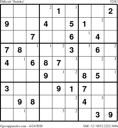 The grouppuzzles.com Difficult Sudoku puzzle for Wednesday June 24, 2026 with the first 3 steps marked