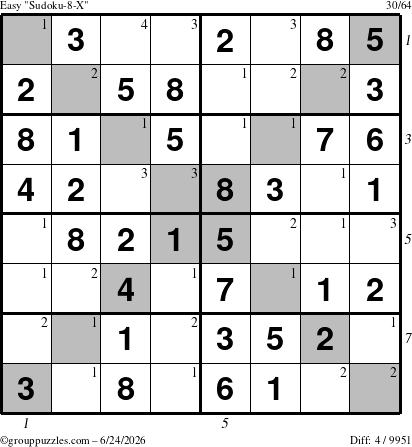 The grouppuzzles.com Easy Sudoku-8-X puzzle for Wednesday June 24, 2026 with all 4 steps marked