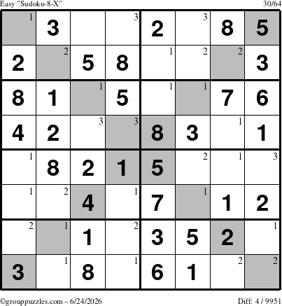 The grouppuzzles.com Easy Sudoku-8-X puzzle for Wednesday June 24, 2026 with the first 3 steps marked