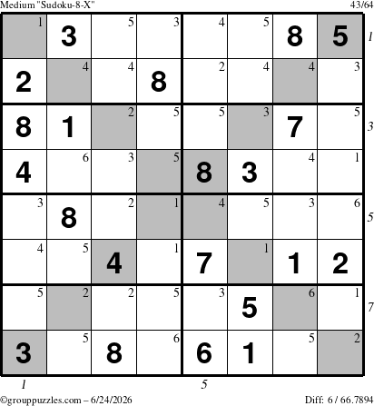 The grouppuzzles.com Medium Sudoku-8-X puzzle for Wednesday June 24, 2026, suitable for printing, with all 6 steps marked