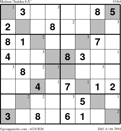 The grouppuzzles.com Medium Sudoku-8-X puzzle for Wednesday June 24, 2026 with the first 3 steps marked