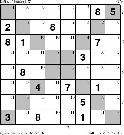 The grouppuzzles.com Difficult Sudoku-8-X puzzle for Wednesday June 24, 2026, suitable for printing, with all 12 steps marked
