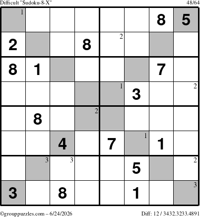 The grouppuzzles.com Difficult Sudoku-8-X puzzle for Wednesday June 24, 2026 with the first 3 steps marked