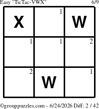The grouppuzzles.com Easy TicTac-VWX puzzle for Wednesday June 24, 2026 with the first 2 steps marked
