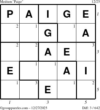 The grouppuzzles.com Medium Paige puzzle for Saturday December 27, 2025 with all 3 steps marked