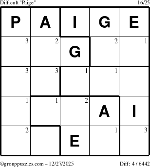The grouppuzzles.com Difficult Paige puzzle for Saturday December 27, 2025 with the first 3 steps marked