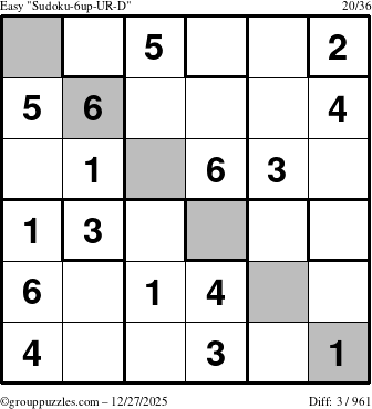 The grouppuzzles.com Easy Sudoku-6up-UR-D puzzle for Saturday December 27, 2025