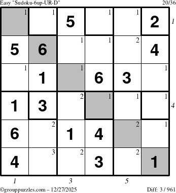 The grouppuzzles.com Easy Sudoku-6up-UR-D puzzle for Saturday December 27, 2025, suitable for printing, with all 3 steps marked