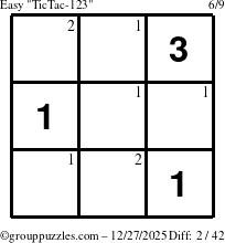 The grouppuzzles.com Easy TicTac-123 puzzle for Saturday December 27, 2025 with the first 2 steps marked