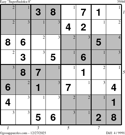 The grouppuzzles.com Easy SuperSudoku-8 puzzle for Saturday December 27, 2025, suitable for printing, with all 4 steps marked