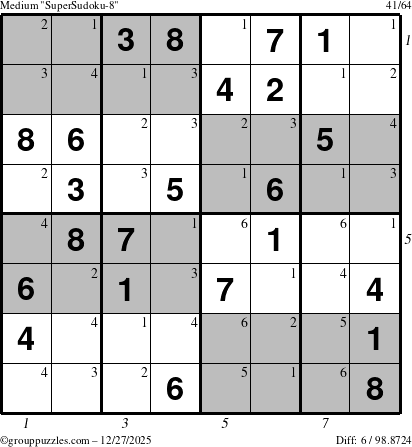 The grouppuzzles.com Medium SuperSudoku-8 puzzle for Saturday December 27, 2025 with all 6 steps marked