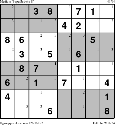 The grouppuzzles.com Medium SuperSudoku-8 puzzle for Saturday December 27, 2025 with the first 3 steps marked