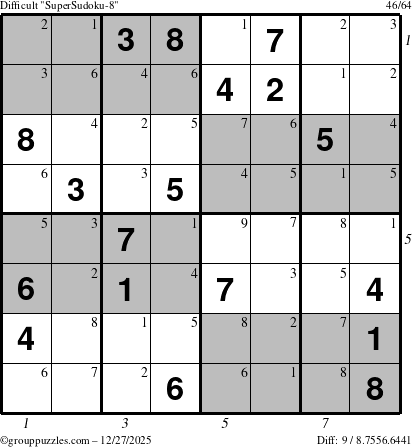 The grouppuzzles.com Difficult SuperSudoku-8 puzzle for Saturday December 27, 2025 with all 9 steps marked