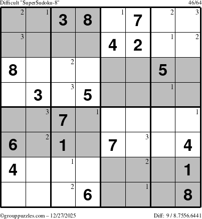 The grouppuzzles.com Difficult SuperSudoku-8 puzzle for Saturday December 27, 2025 with the first 3 steps marked