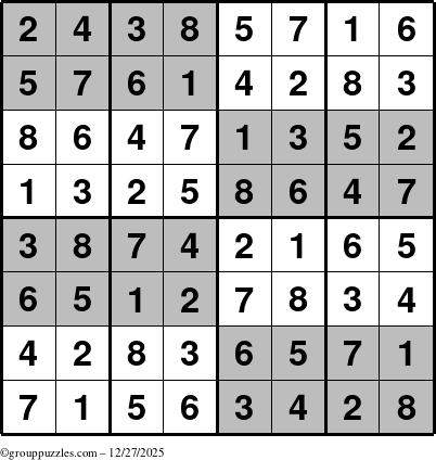The grouppuzzles.com Answer grid for the SuperSudoku-8 puzzle for Saturday December 27, 2025