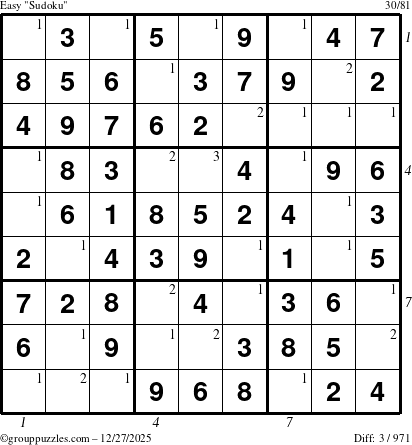 The grouppuzzles.com Easy Sudoku puzzle for Saturday December 27, 2025 with all 3 steps marked