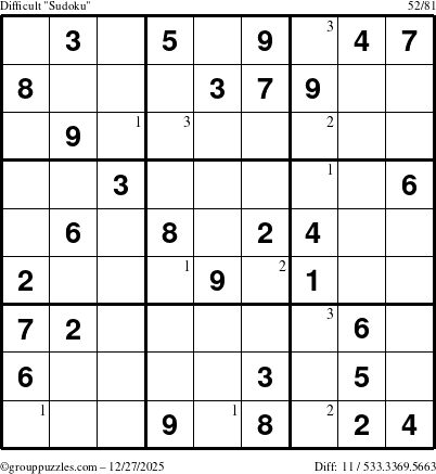 The grouppuzzles.com Difficult Sudoku puzzle for Saturday December 27, 2025 with the first 3 steps marked