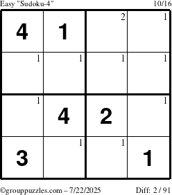 The grouppuzzles.com Easy Sudoku-4 puzzle for Tuesday July 22, 2025 with the first 2 steps marked