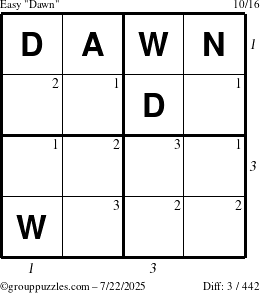 The grouppuzzles.com Easy Dawn puzzle for Tuesday July 22, 2025 with all 3 steps marked