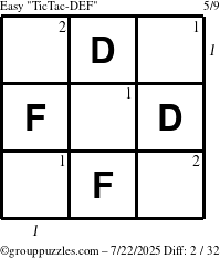The grouppuzzles.com Easy TicTac-DEF puzzle for Tuesday July 22, 2025 with all 2 steps marked