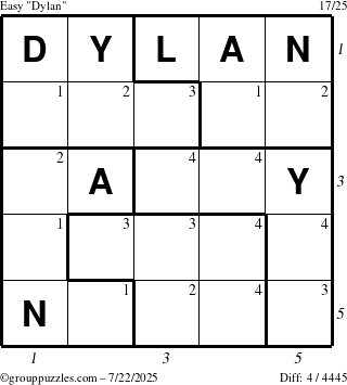 The grouppuzzles.com Easy Dylan puzzle for Tuesday July 22, 2025 with all 4 steps marked