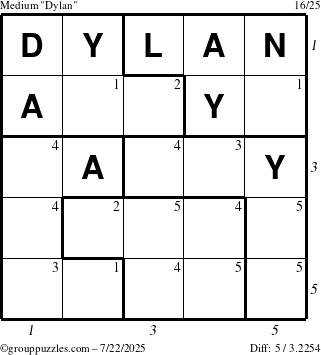 The grouppuzzles.com Medium Dylan puzzle for Tuesday July 22, 2025 with all 5 steps marked