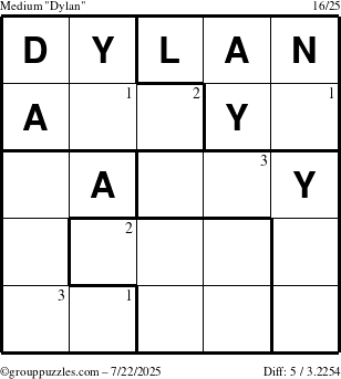 The grouppuzzles.com Medium Dylan puzzle for Tuesday July 22, 2025 with the first 3 steps marked