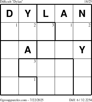 The grouppuzzles.com Difficult Dylan puzzle for Tuesday July 22, 2025 with the first 3 steps marked