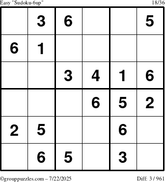 The grouppuzzles.com Easy Sudoku-6up puzzle for Tuesday July 22, 2025