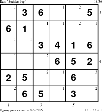 The grouppuzzles.com Easy Sudoku-6up puzzle for Tuesday July 22, 2025, suitable for printing, with all 3 steps marked