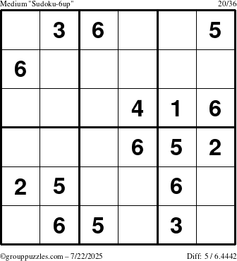 The grouppuzzles.com Medium Sudoku-6up puzzle for Tuesday July 22, 2025