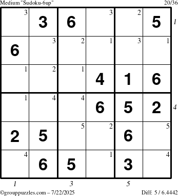 The grouppuzzles.com Medium Sudoku-6up puzzle for Tuesday July 22, 2025 with all 5 steps marked