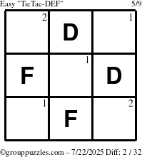 The grouppuzzles.com Easy TicTac-DEF puzzle for Tuesday July 22, 2025 with the first 2 steps marked