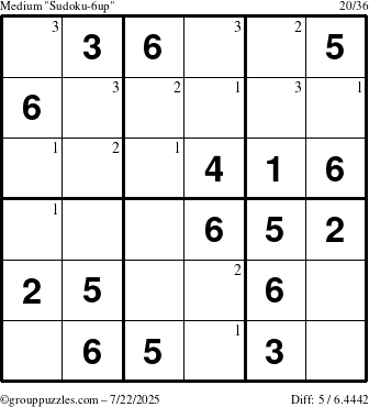 The grouppuzzles.com Medium Sudoku-6up puzzle for Tuesday July 22, 2025 with the first 3 steps marked