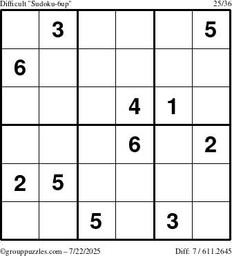 The grouppuzzles.com Difficult Sudoku-6up puzzle for Tuesday July 22, 2025