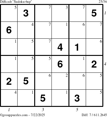 The grouppuzzles.com Difficult Sudoku-6up puzzle for Tuesday July 22, 2025, suitable for printing, with all 7 steps marked