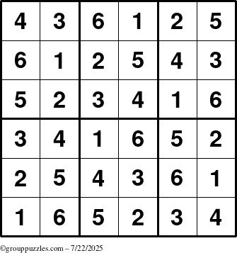 The grouppuzzles.com Answer grid for the Sudoku-6up puzzle for Tuesday July 22, 2025