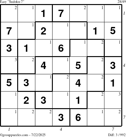 The grouppuzzles.com Easy Sudoku-7 puzzle for Tuesday July 22, 2025 with all 3 steps marked
