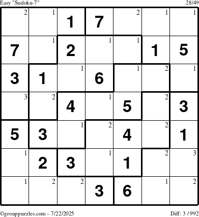 The grouppuzzles.com Easy Sudoku-7 puzzle for Tuesday July 22, 2025 with the first 3 steps marked